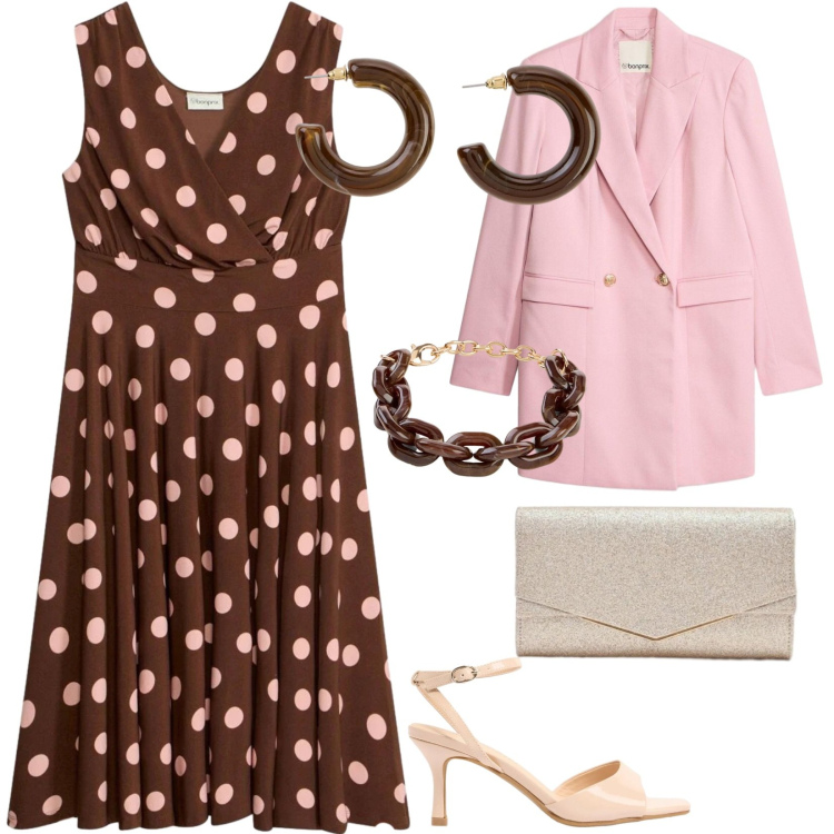 Outfit donna - Focus donna. per Serata fuori. Abbinamento con vestiti, sandali col tacco, blazer, braccialetti, orecchini, clutch.
