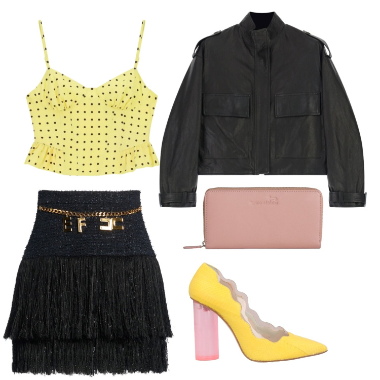 Outfit donna - Top a pois. Stile Bon Ton per Serata fuori. Abbinamento con décolleté, minigonne, portafogli, giacche, canottiere.