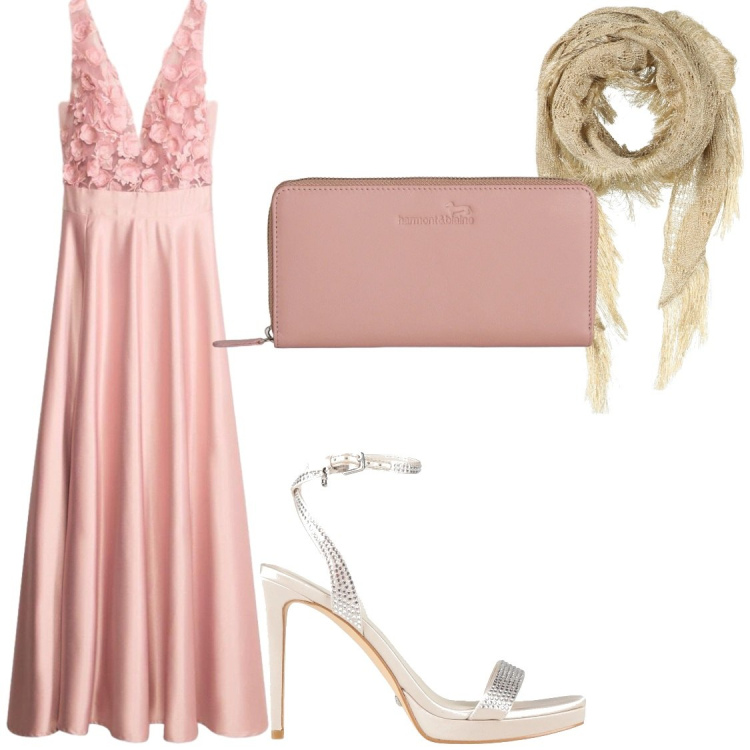 Outfit donna - Rosa. Stile Glamour per Cerimonia. Abbinamento con sandali col tacco, stole, vestiti lunghi, portafogli.