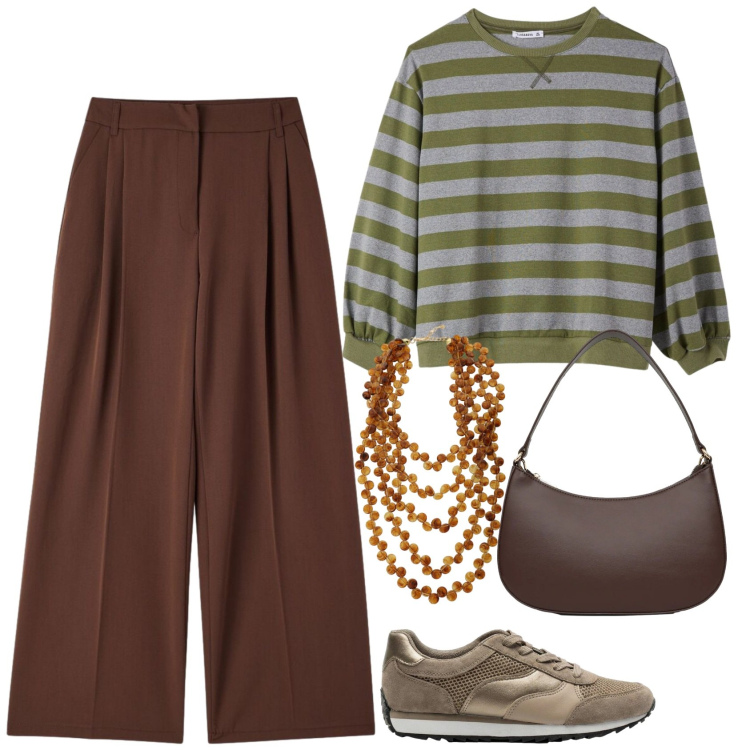 Outfit donna - Deliziosa a righe. Stile Casual per Tutti i giorni. Abbinamento con sneakers, pantaloni, t-shirt, borse a tracolla, collane.