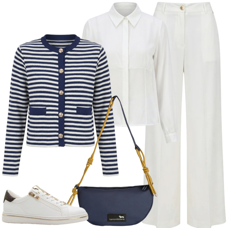 Outfit donna - La giacca marinara. Stile Casual chic per Ufficio. Abbinamento con sneakers, cardigans, camicie, pantaloni a palazzo, borse a tracolla.