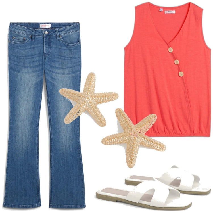 Outfit femme - Basique #2095. Style Basique pour Tous les jours. Assortir avec hauts, jean bootcut, sandales, boucles d'oreilles.