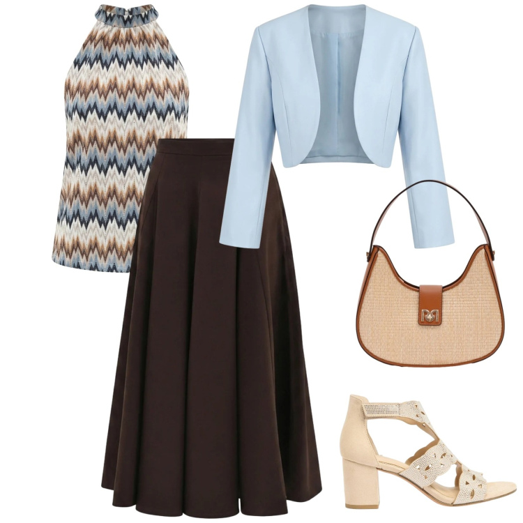 Outfit donna - Focus donna. per Tutti i giorni. Abbinamento con sandali col tacco, gonne longuette, borse a spalla, bolero, canottiere.