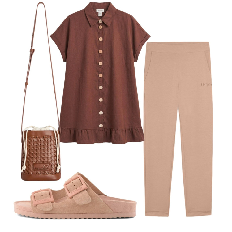 Outfit donna - Total look #2402534. Stile Basic per Tutti i giorni. Abbinamento con camicie a manica corta, borse a secchiello, pantaloni, sandali in pelle.