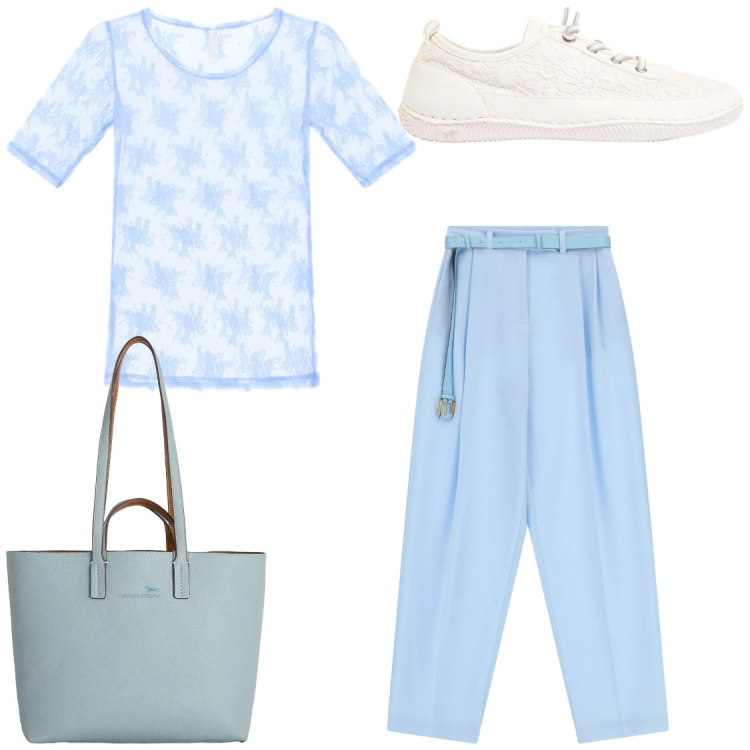Outfit donna - Maggio celeste. Stile Casual chic per Tutti i giorni. Abbinamento con sneakers, shopping bag, pantaloni a palazzo, t-shirt.