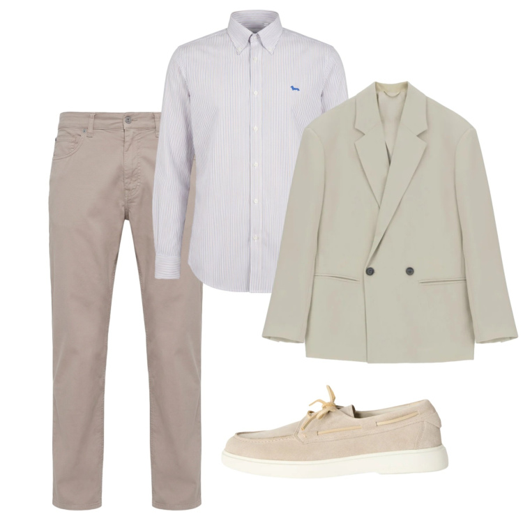 Outfit uomo - Look monocromatico chiaro. Stile Casual per Tutti i giorni. Abbinamento con giacche, scarpe stringate, pantaloni, camicie.