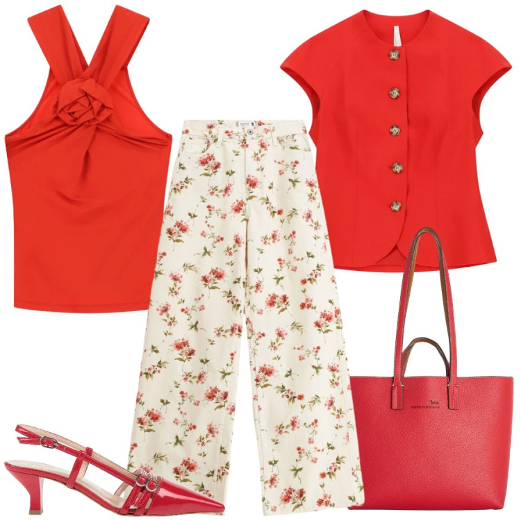 Outfit donna - Fiori rossi. Stile Glamour per Serata fuori. Abbinamento con décolleté, blazer, canottiere, shopping bag, pantaloni a palazzo.