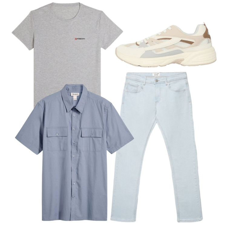 Outfit uomo - Look monocromatico chiaro. Stile Casual per Tutti i giorni. Abbinamento con camicie a manica corta, sneakers, jeans, t-shirt.