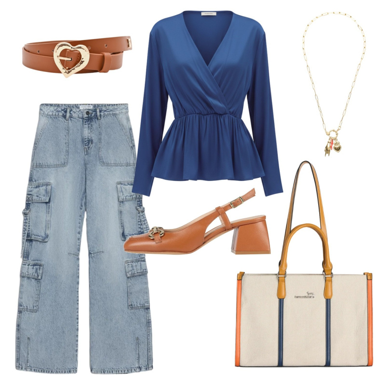 Outfit donna - Tacco medio e jeans cargo. Stile Casual chic per Ufficio. Abbinamento con décolleté, jeans, borse tote, ciondoli, bluse, cinture.