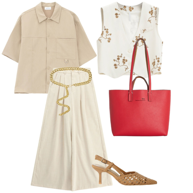 Outfit donna - Focus donna. per Ufficio. Abbinamento con shopping bag, pantaloni a palazzo, gilet, camicie, décolleté, cinture.
