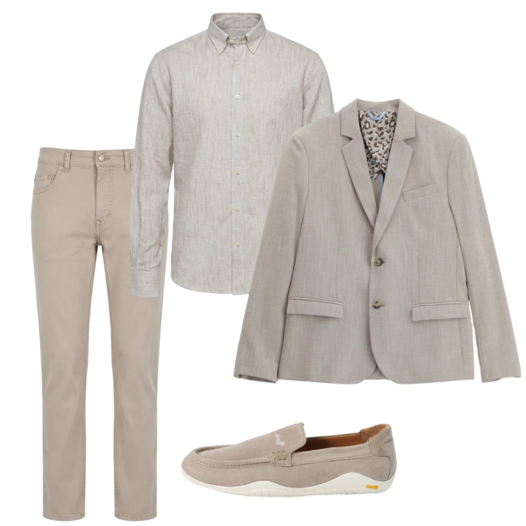 Outfit uomo - Look monocromatico chiaro. Stile Casual per Tutti i giorni. Abbinamento con giacche, pantaloni, camicie, scarpe stringate.