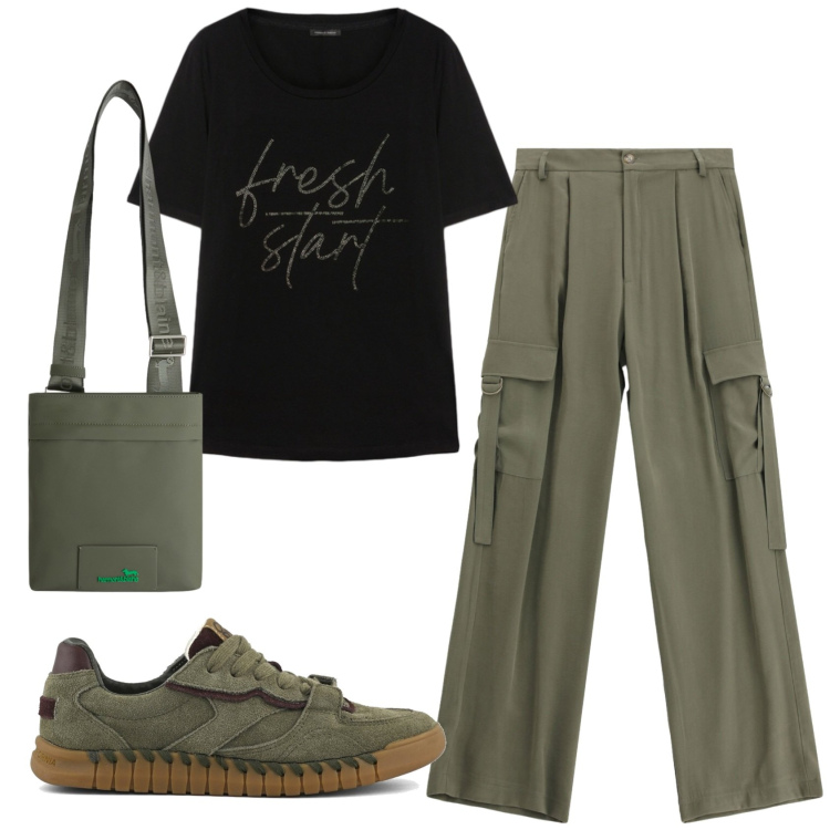 Outfit donna - Total look #2402557. Stile Basic per Tutti i giorni. Abbinamento con borse a tracolla, pantaloni cargo, t-shirt, sneakers.