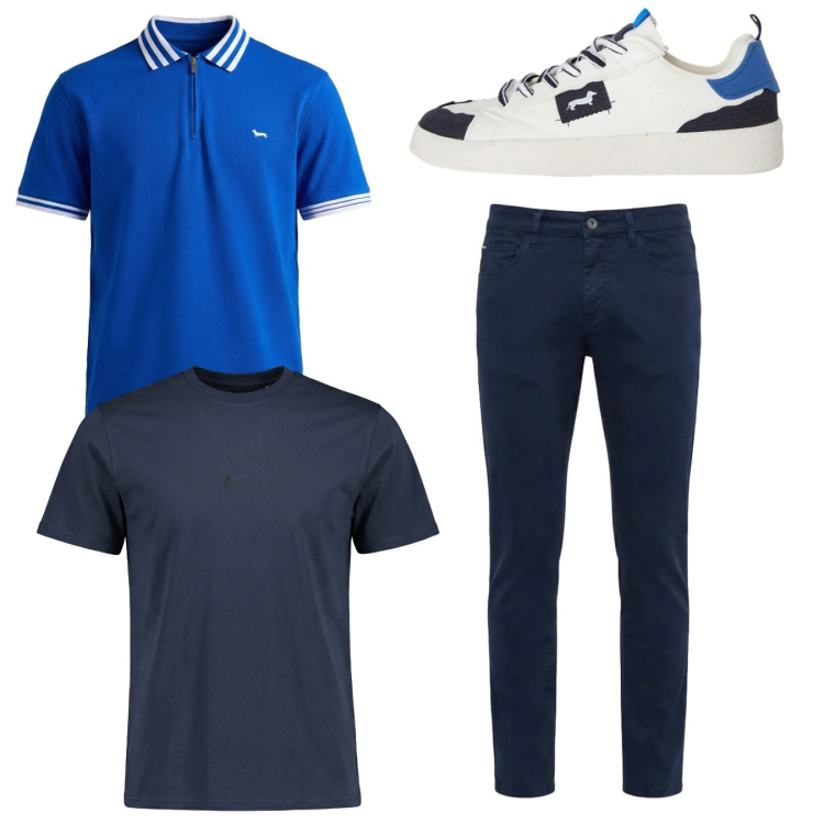 Outfit uomo - Total look. Stile Casual per Tutti i giorni. Abbinamento con sneakers, t-shirt, pantaloni, polo.