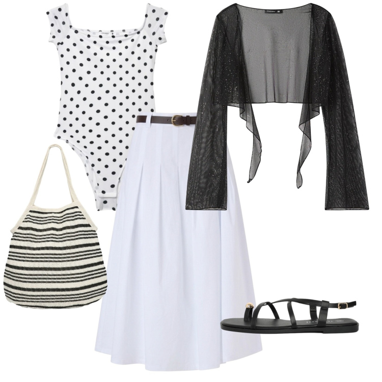 Outfit donna - Terranova. per Tutti i giorni. Abbinamento con gonne longuette, blazer, top, shopping bag, sandali.
