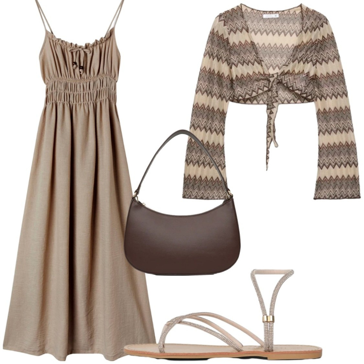Outfit donna - Boho#apericena. Stile Boho per Serata fuori. Abbinamento con vestiti lunghi, blazer, sandali, borse a tracolla.