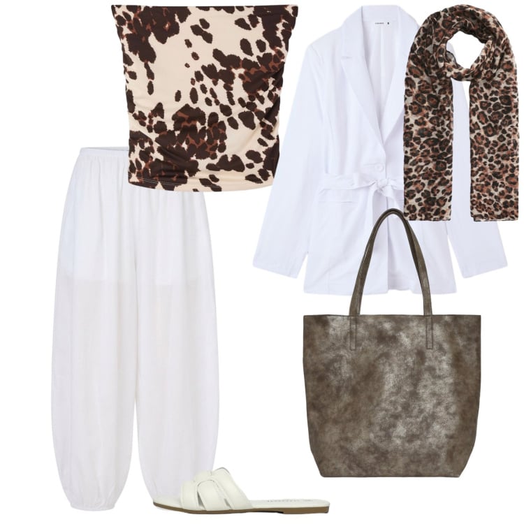 Outfit donna - Terranova. per Mare. Abbinamento con pantaloni, blazer, shopping bag, top, foulard, ciabatte.