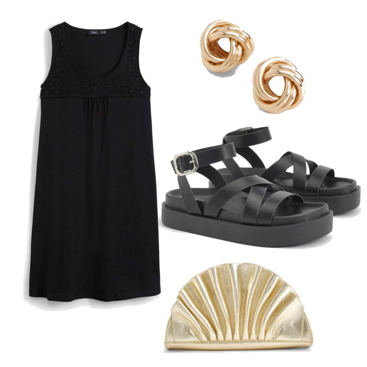 Outfit femme - noir et or. Style Romantique pour Soirée dehors. Assortir avec robes longues, pochette, boucles d'oreilles, sandales.