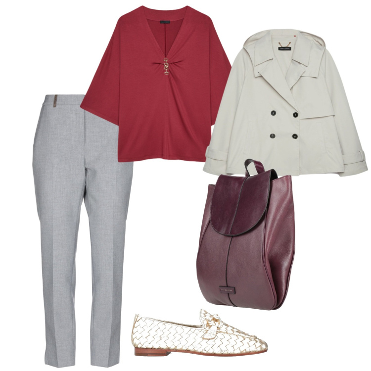 Outfit donna - Look all\'aperto. per Tutti i giorni. Abbinamento con pantaloni, zaini, mocassini, trench, t-shirt.