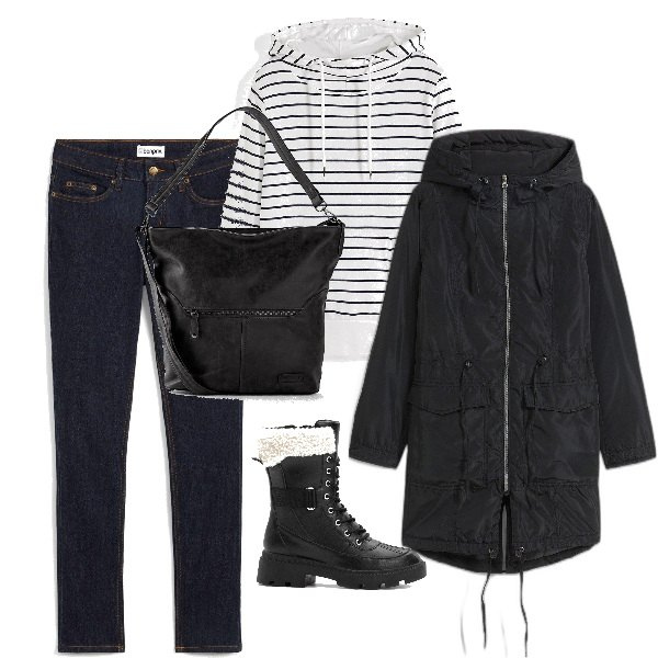Outfit femme - sous la pluie. Style Casual pour Tous les jours. Assortir avec sweats à capuche, jean skinny, sacs à main, manteaux, bottes.