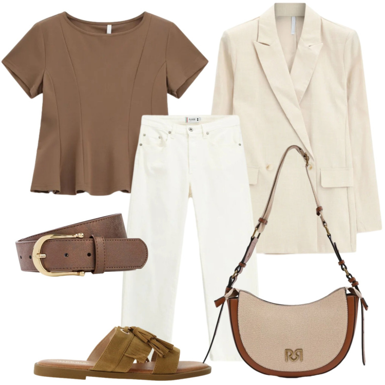Outfit donna - Cappuccino time. Stile Basic per Tutti i giorni. Abbinamento con cinture, borse a tracolla, top, sandali, blazer, pantaloni.
