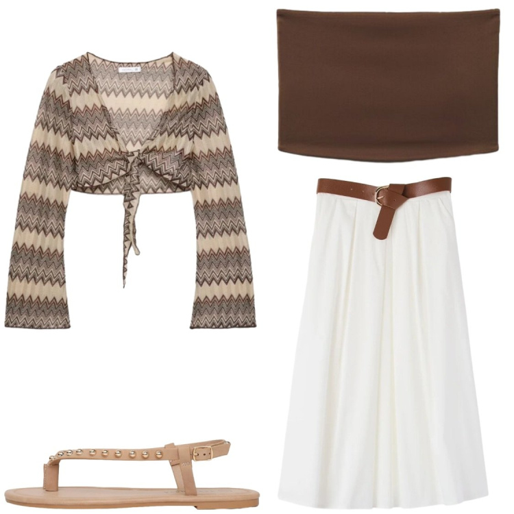 Outfit donna - Boho stile di vacanza. Stile Boho per Serata fuori. Abbinamento con gonne longuette, blazer, ciabatte, top.