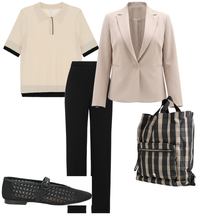 Outfit donna - Look da giorno. per Tutti i giorni. Abbinamento con pantaloni, zaini, ballerine, blazer, polo.