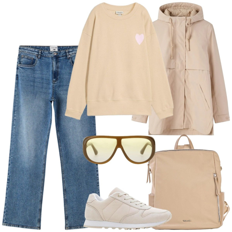 Outfit donna - Look da giornata all\'aperto-curvy. Stile Casual chic per Tutti i giorni. Abbinamento con sneakers, felpe, zaini, jeans dritti, parka, occhiali da sole.