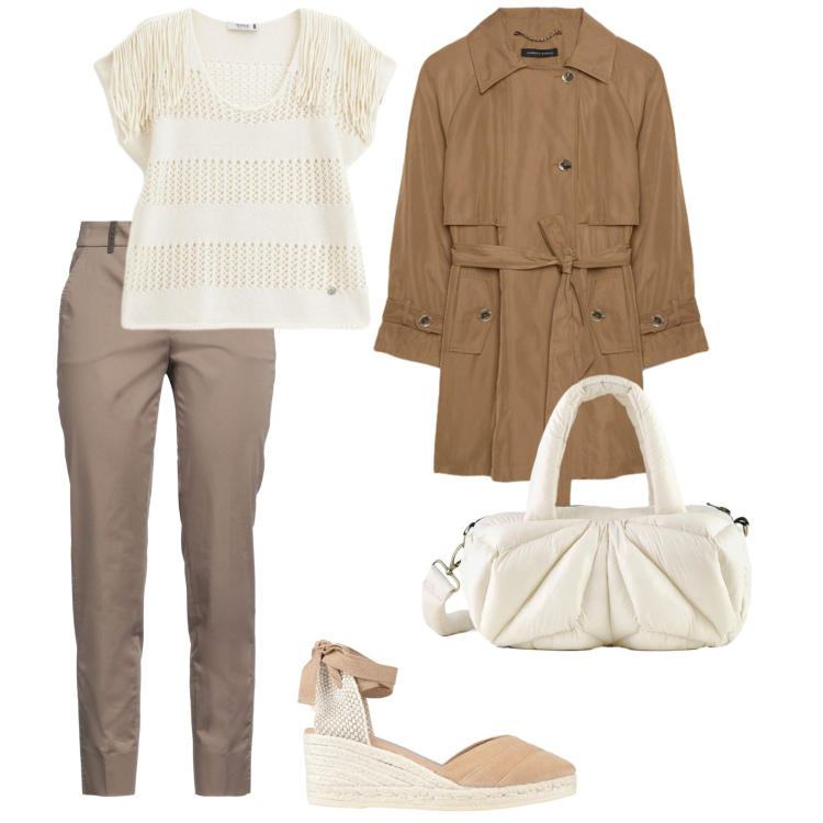 Outfit donna - Look all\'aperto. per Tutti i giorni. Abbinamento con pantaloni, espadrillas, top, borse a mano, trench.