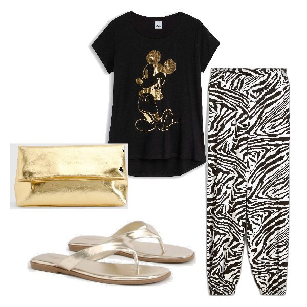 Outfit femme - attention au zèbre. Style Ethnique pour Tous les jours. Assortir avec t-shirts, pantalon large en bas, pochette, tong.