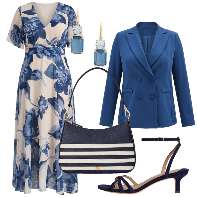 Outfit donna - Abito con la scollatura a V. Stile Chic per Cerimonia. Abbinamento con vestiti lunghi, blazer, sandali col tacco, borse a spalla, orecchini.