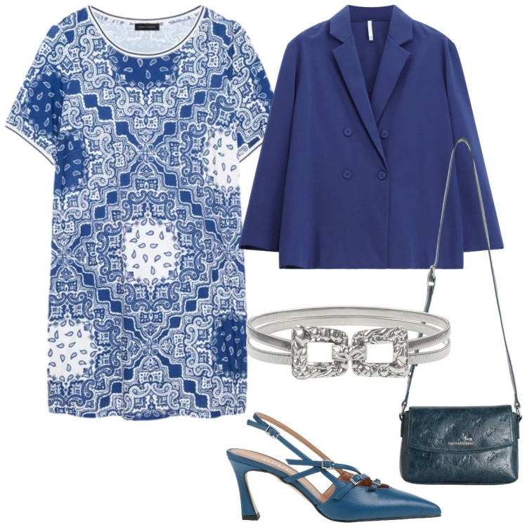 Outfit donna - Stampe che raccontano - curvy. Stile Casual chic per Tutti i giorni. Abbinamento con décolleté, cinture, blazer, borse a tracolla, vestiti corti.