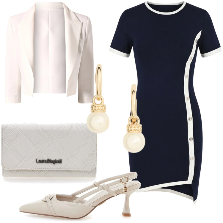 Outfit donna - Cerimonia Bon Ton Rinascimento. Stile Bon Ton per Cerimonia. Abbinamento con blazer, vestiti asimmetrici, orecchini, décolleté, portafogli.
