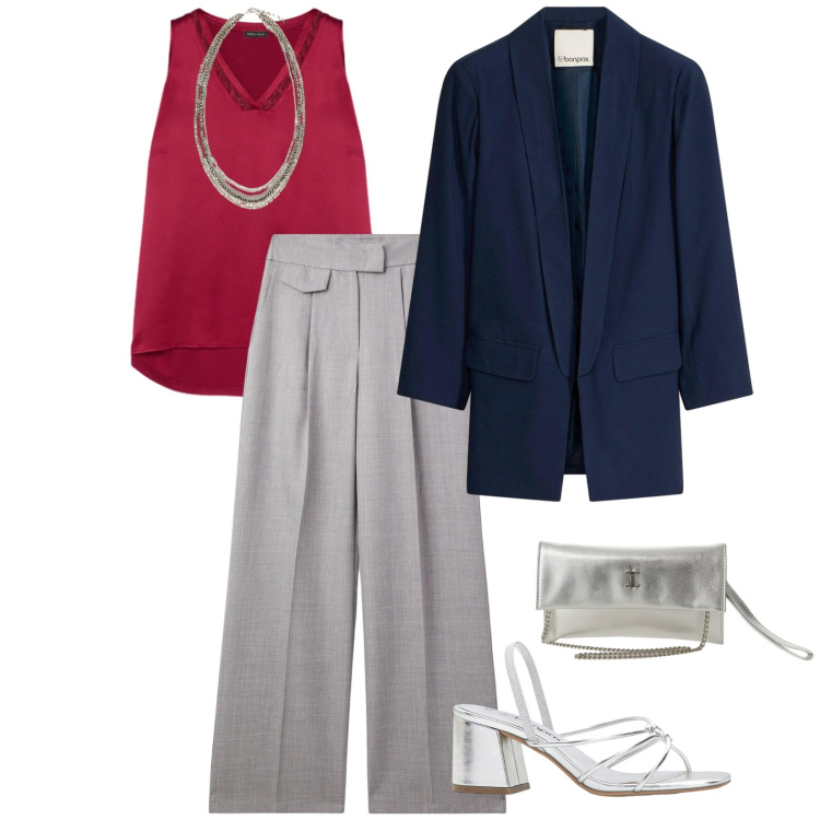 Outfit donna - Look all\'aperto. per Tutti i giorni. Abbinamento con blazer, sandali col tacco, pantaloni, borse a tracolla, top, collane.