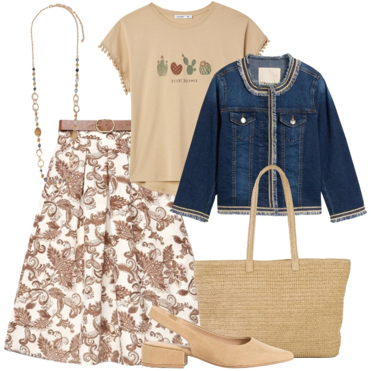 Outfit donna - Stampe che raccontano - curvy. Stile Boho per Tutti i giorni. Abbinamento con blazer, décolleté, shopping bag, gonne lunghe, t-shirt, collane.