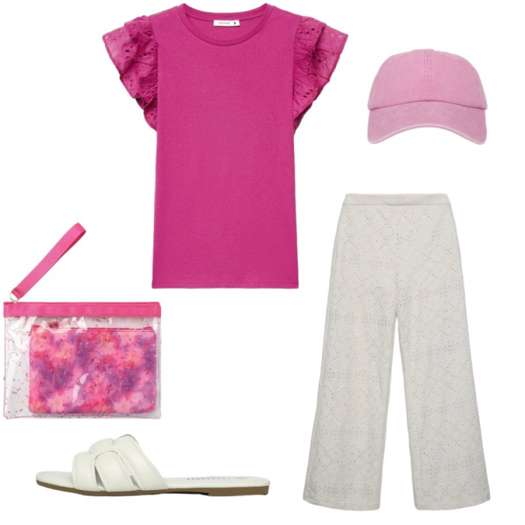 Outfit donna - Total look #2402635. Stile Casual chic per Tutti i giorni. Abbinamento con t-shirt, pochette, cappelli con visiera, ciabatte, pantaloni.