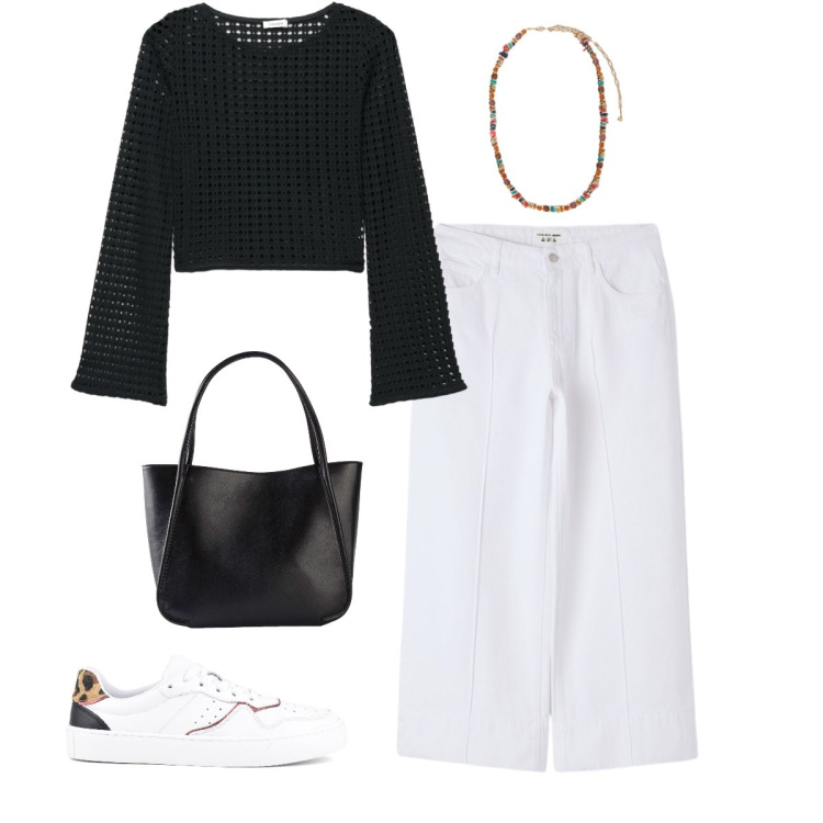 Outfit donna - Sporty chic Gen Z. Stile Sporty chic per Scuola/Università. look ideale per Petite. Abbinamento con shopping bag, pantaloni, maglieria, collane, sneakers.