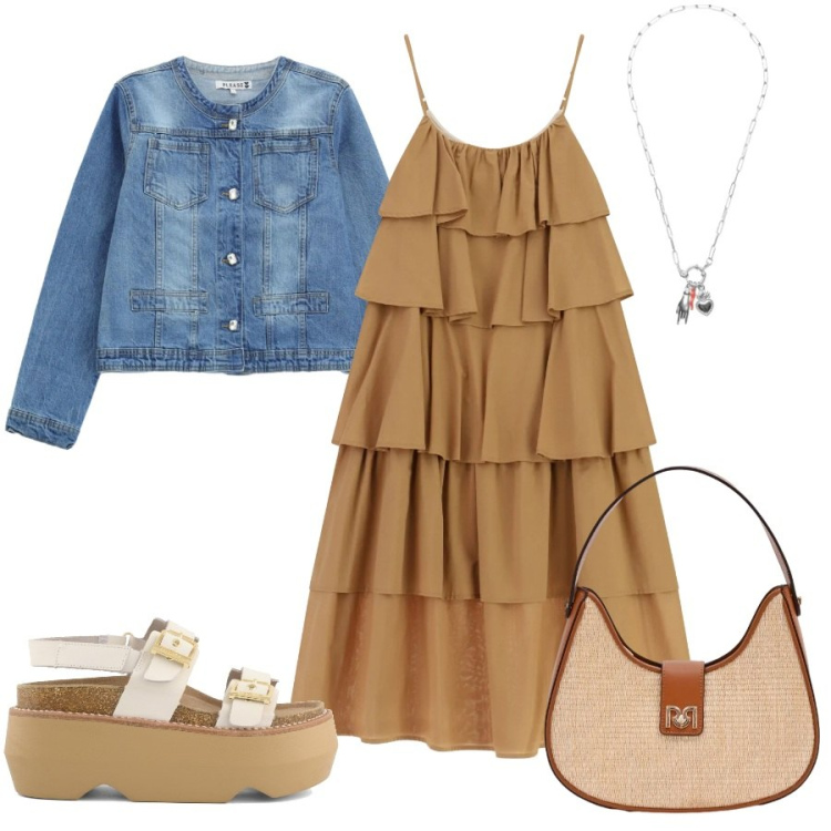 Outfit donna - Total look #2402640. Stile Casual chic per Tutti i giorni. Abbinamento con borse a spalla, vestiti lunghi, blazer, ciondoli, zeppe.