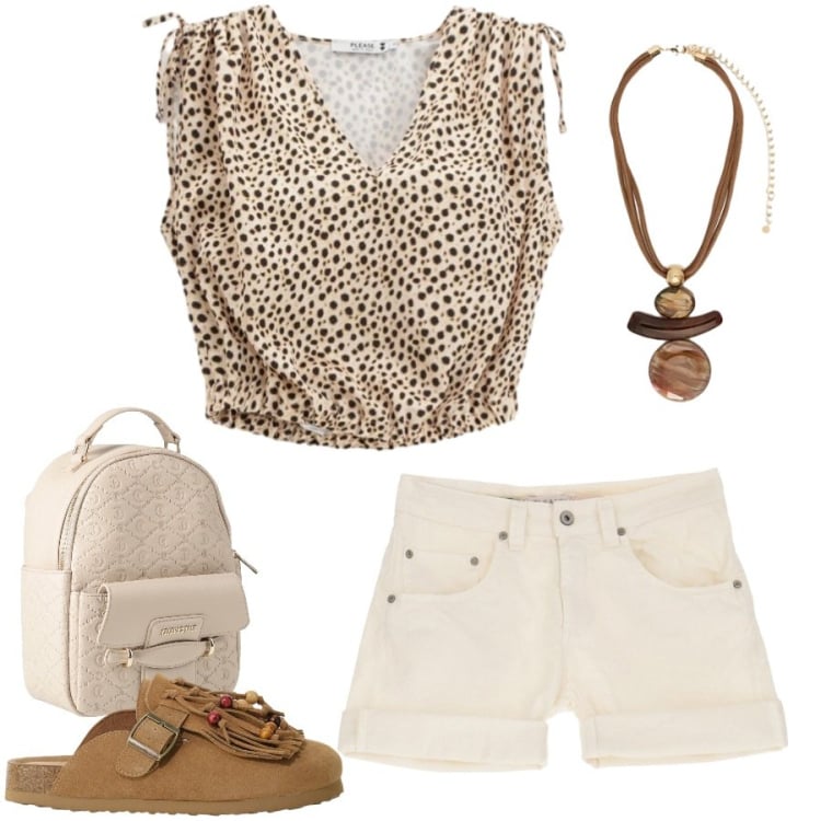 Outfit donna - Total look #2402642. Stile Casual chic per Tutti i giorni. Abbinamento con zaini, shorts, top, sabot, ciondoli.