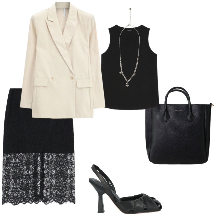 Outfit donna - Charme e sexy. Stile Sexy per Serata fuori. Abbinamento con décolleté, gonne longuette, borse a tracolla, blazer, canottiere, ciondoli.