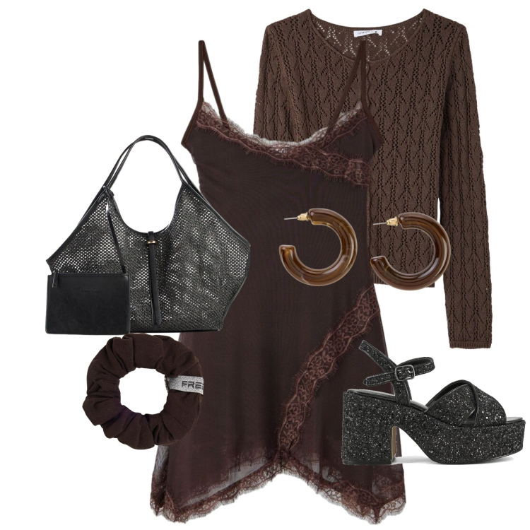 Outfit donna - Total look #2402646. Stile Casual chic per Serata fuori. Abbinamento con shopping bag, orecchini, cardigans, vestiti corti, accessori per capelli, sandali.