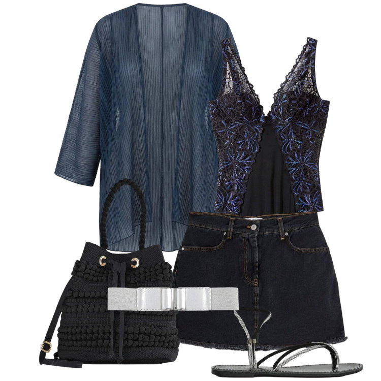 Outfit donna - Total look #2402648. Stile Casual chic per Serata fuori. Abbinamento con body, borse a secchiello, minigonne, cinture, sandali, blazer.