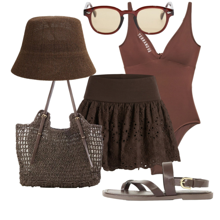 Outfit donna - Total look #2402650. Stile Casual per Mare. Abbinamento con shopping bag, ciabatte, costumi interi, minigonne, occhiali da sole, cappelli.