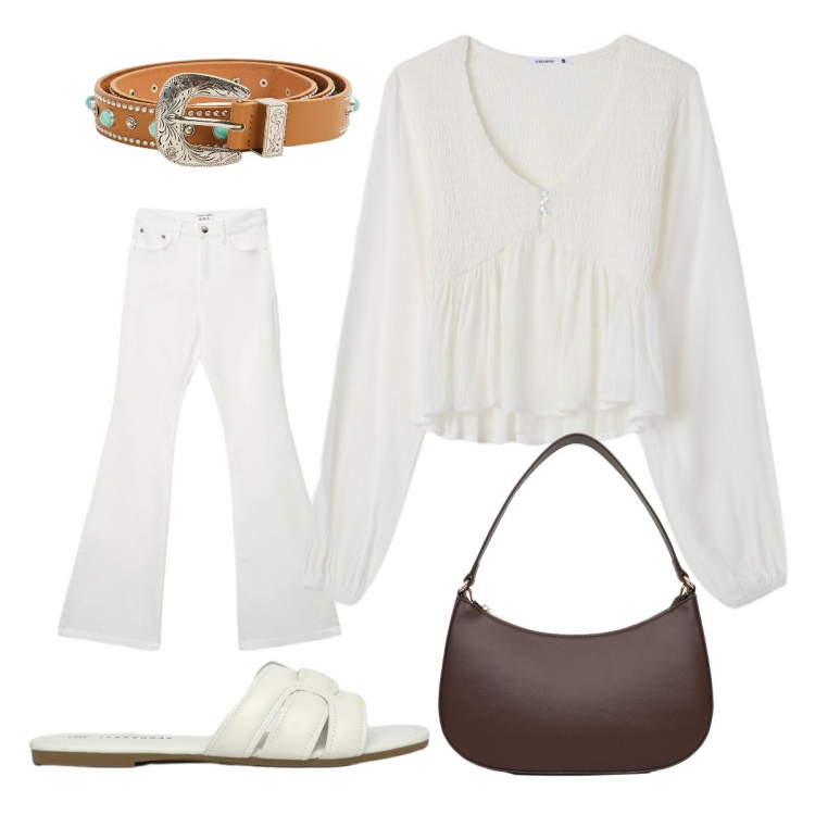 Outfit donna - Blusa peplum. Stile Boho per Tutti i giorni. Abbinamento con cinture, jeans a zampa, borse a tracolla, bluse, ciabatte.