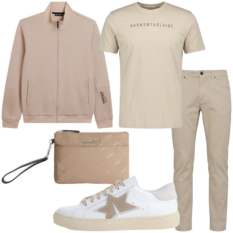 Outfit uomo - Look monocromatico chiaro. Stile Casual per Serata speciale. Abbinamento con borse sportive, pantaloni, t-shirt, sneakers, felpe.