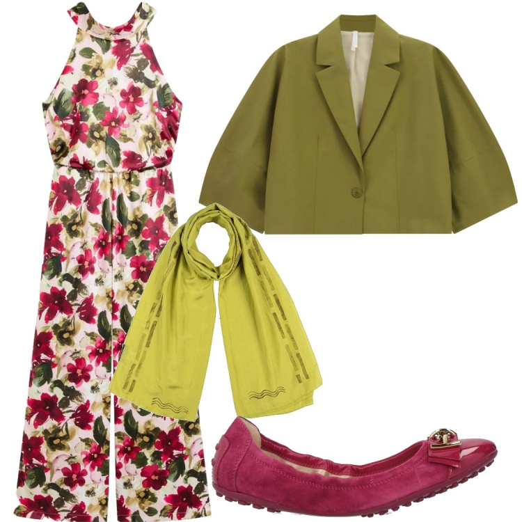 Outfit donna - Color block@violaprugna e verde. Stile Glamour per Tutti i giorni. Abbinamento con ballerine, sciarpe, tute, blazer.