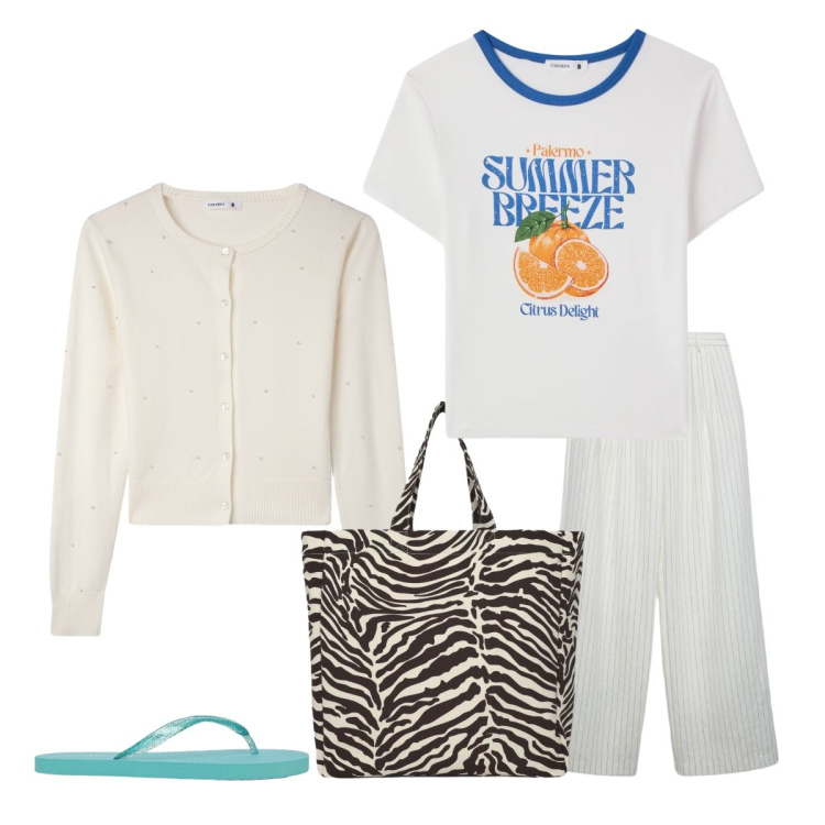 Outfit donna - Terranova White Boho Mood. Stile Boho per Mare. Abbinamento con cardigans, pantaloni, t-shirt, shopping bag, infradito.