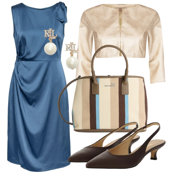 Outfit donna - L’abito midi drappeggiato. Stile Chic per Cerimonia. Abbinamento con bolero, shopping bag, décolleté, vestiti midi/longuette, orecchini.