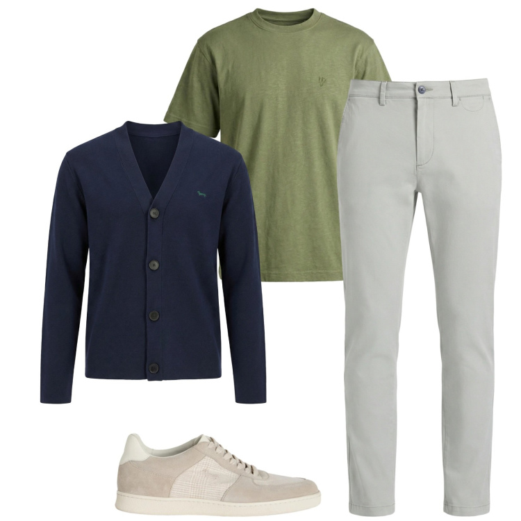 Outfit uomo - Total look #2402676. Stile Casual per Tutti i giorni. Abbinamento con pantaloni chino, cardigans, sneakers, t-shirt.