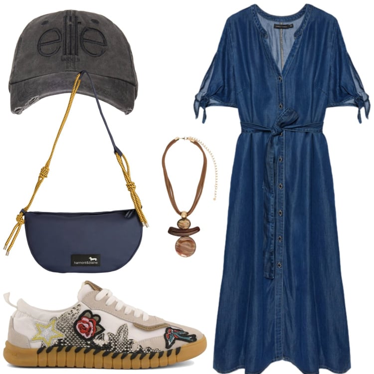 Outfit donna - Si esce in primavera. Stile Glamour per Tutti i giorni. Abbinamento con borse a tracolla, cappelli, vestiti chemisier, ciondoli, sneakers.