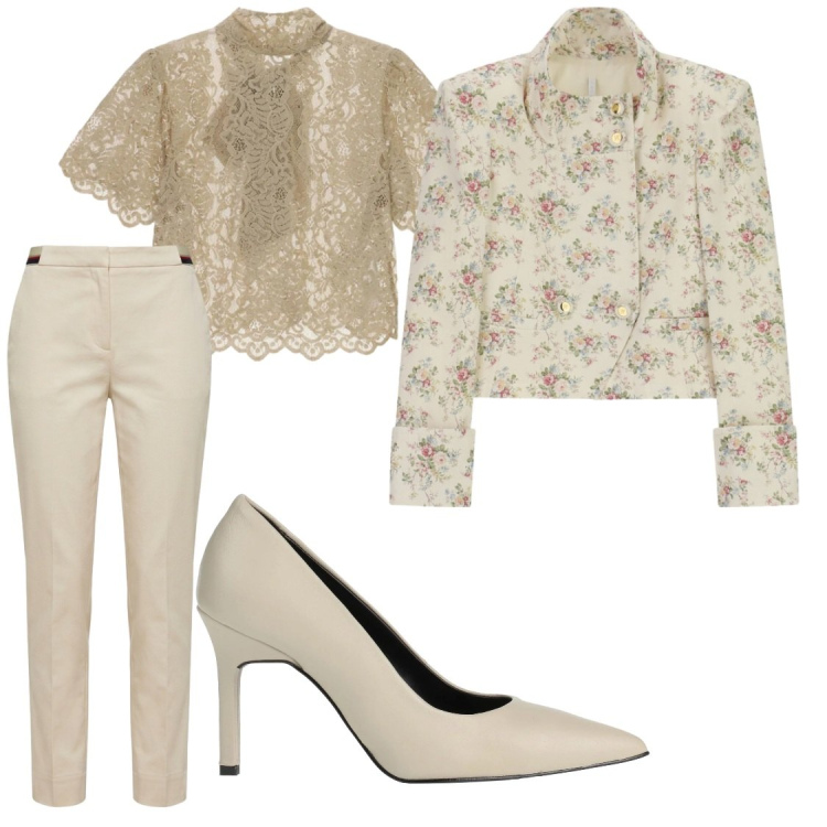 Outfit donna - Giacca a fiori. Stile Bon Ton per Ufficio. Abbinamento con décolleté, cappotti, top, pantaloni chino.